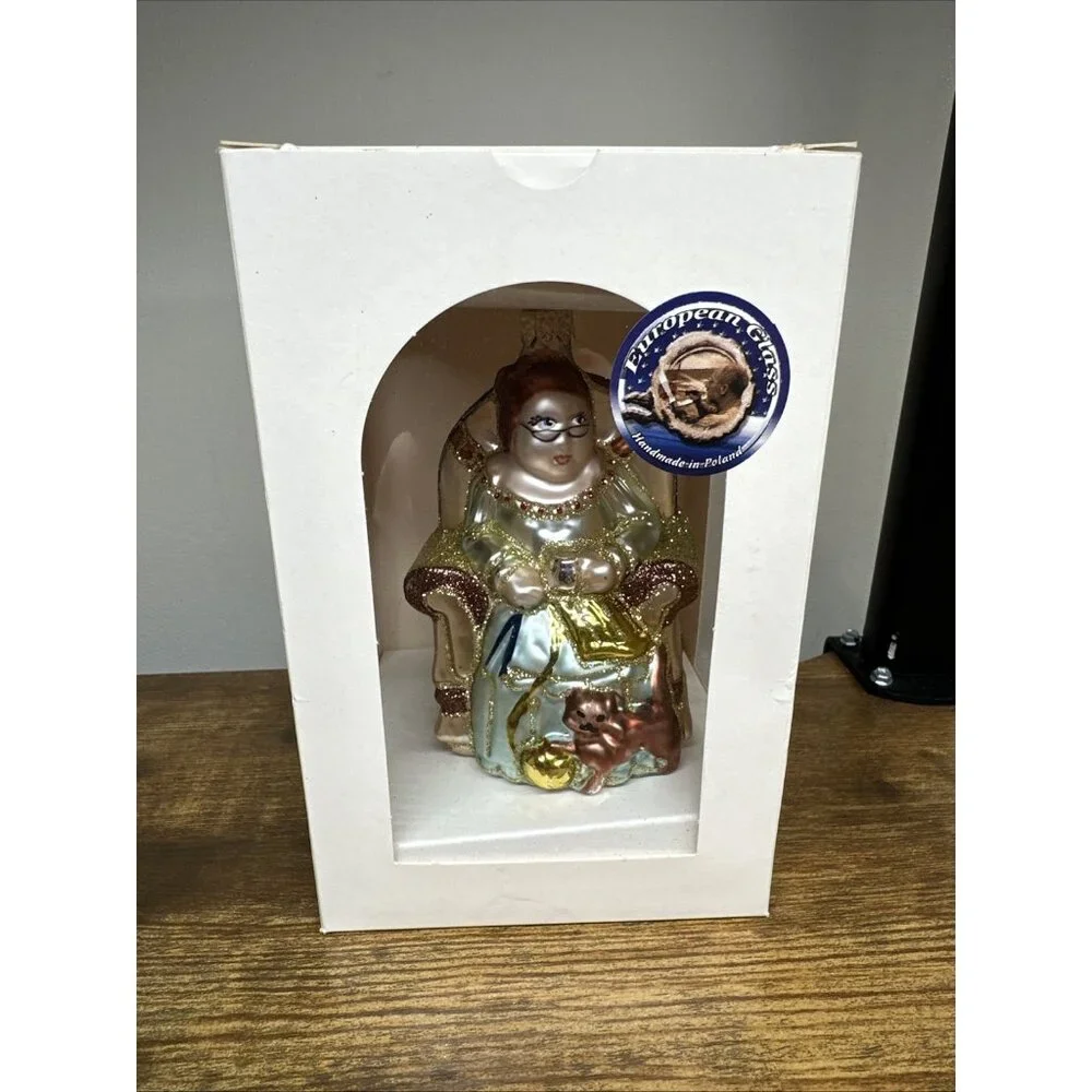 Poland Mrs Claus Christmas Ornament Knitting Cats Poland‎ Hand Blown Glass